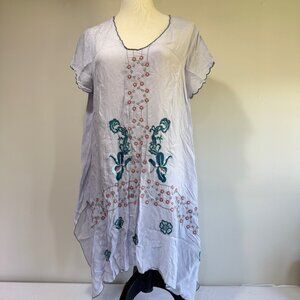 JOHNNY WAS Embroidered Short Sleeve Handkerchief Hem Dress